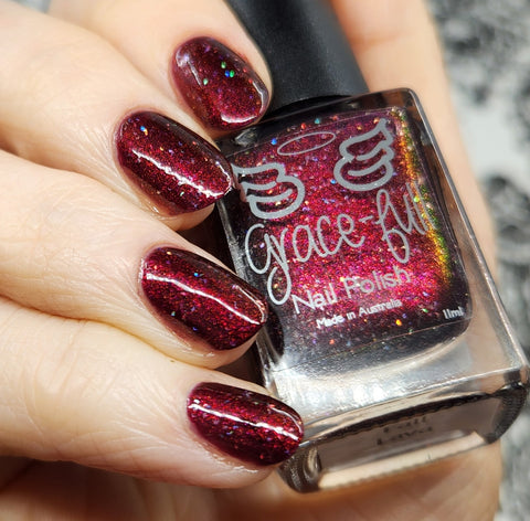 Lava Fall - deep maroon base colour infused with micro-sized silver holographic flakes