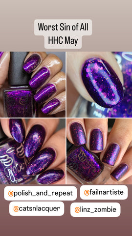 May HHC - Worst Sin of All  super dark blurple base with gorgeous shades of pink crystal colour shifting flakes and a smattering of orange-green iridescent glitter