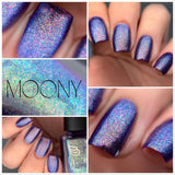 Moony -a purple base with green, gold and teal aurora shimmer that leaves rainbow flecks throughout. It also has micro silver flakes