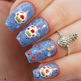 Captain Toad –blue base with dot glitter in a red holo & matte white, with blue, red and gold hex glitter