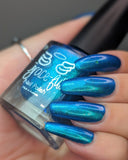 Frozen tundra - deep turquoise-blue base with a sprinkling of chrome chameleon and holo flakes