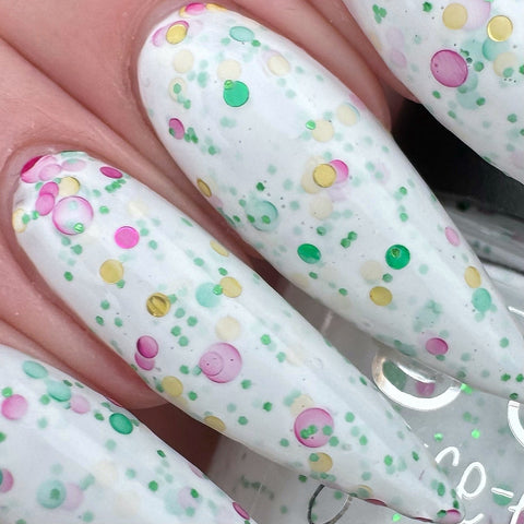 Tis the season - white crelly with fuchsia, green and gold dot glitters in different sizes