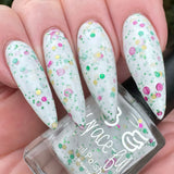 Tis the season - white crelly with fuchsia, green and gold dot glitters in different sizes