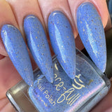 Prancer - a periwinkle base with a purple flash, and a sprinkling of gold metallic and chrome chameleon flakes