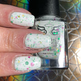 Tis the season - white crelly with fuchsia, green and gold dot glitters in different sizes