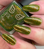 Rustling Leaves - olive green crelly with bronze chameleon flakes