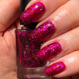 Cherish - Mother’s Day  A deep pink jelly base with fuchsia shred/flakes and silver holo micro flakes.
