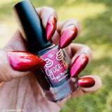 Nice and Rosy – red base with  aurora shimmer moves to a deep pinky red, to dark red to an orange based red