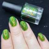 I Love Christmas - a green base with gold and green ultra chameleon flakies and red shred flakes.