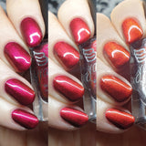 Nice and Rosy – red base with  aurora shimmer moves to a deep pinky red, to dark red to an orange based red