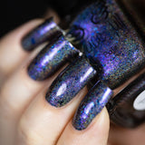 Helms Deep Fortress – a black based linear holo packed with blue-purple aurora shimmer and teal/navy/violet ultra chrome chameleon flakes