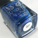 I’ve got Gifts? royal blue base with blue aurora shimmer and UCC flakes in gold-bronze-silver & gold holo micro glitter.