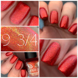 9 ¾  a orange toned red with red and gold aurora shimmer with metallic look and gold flecks