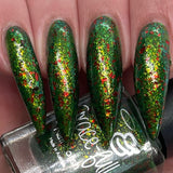 I Love Christmas - a green base with gold and green ultra chameleon flakies and red shred flakes.